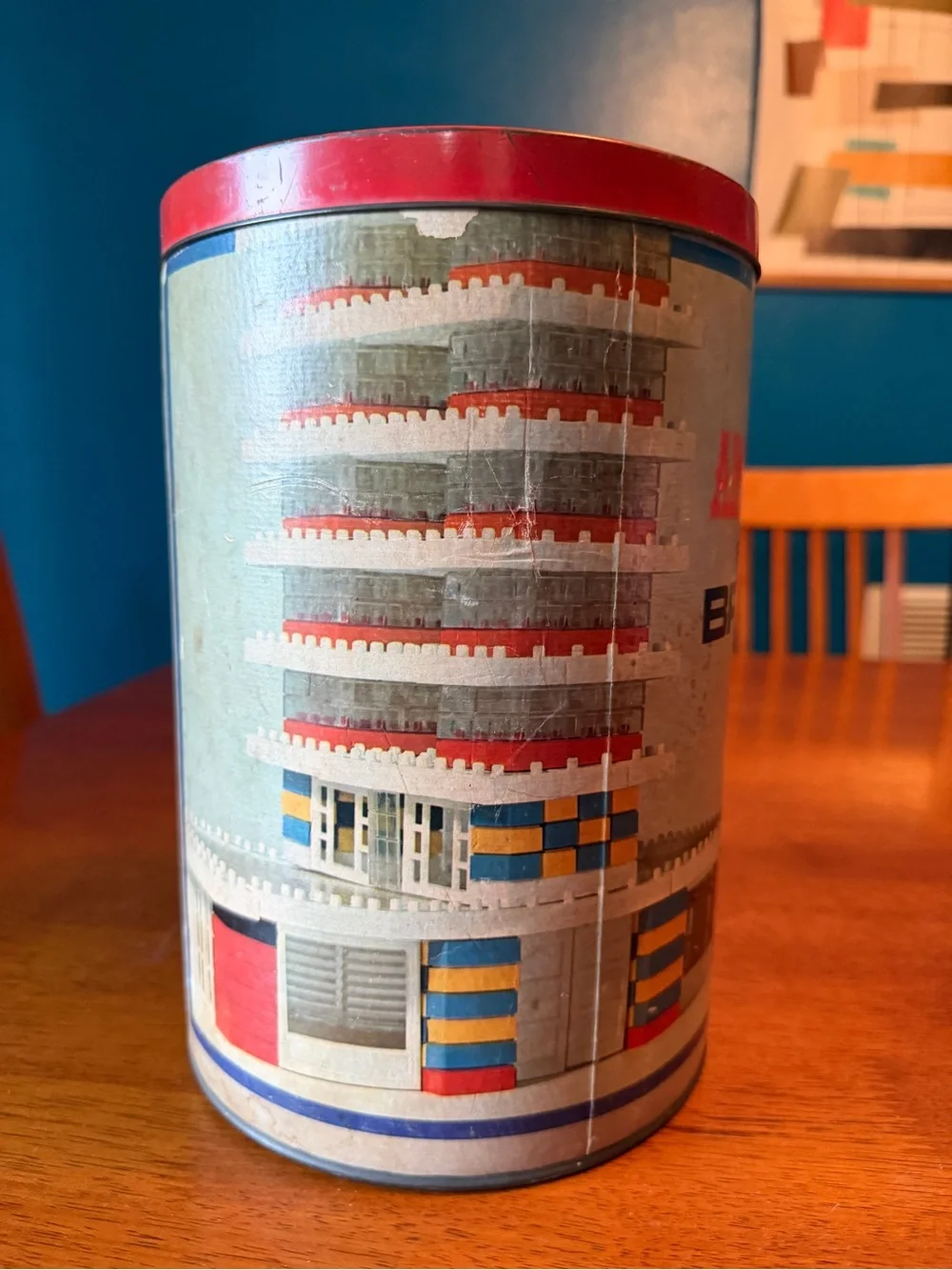 Vintage American Plastic Bricks Tin with Red Lid